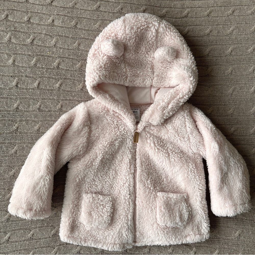 EUC Carter's Baby Girl Fleece Baby Bear Hoodie, Pink, 18 Months
